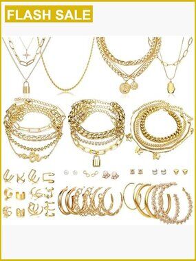 46 Pc Gold Layered Jewelry Set Includes Necklaces Earrings Bracelets Rings